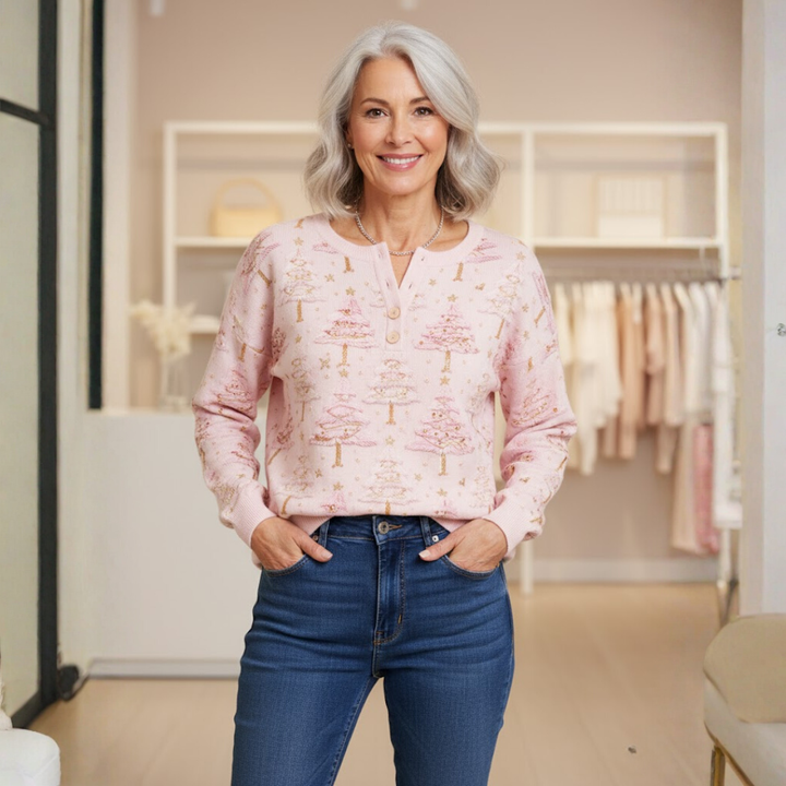 Amelia | Christmas Tree Knitted Button-Up Top