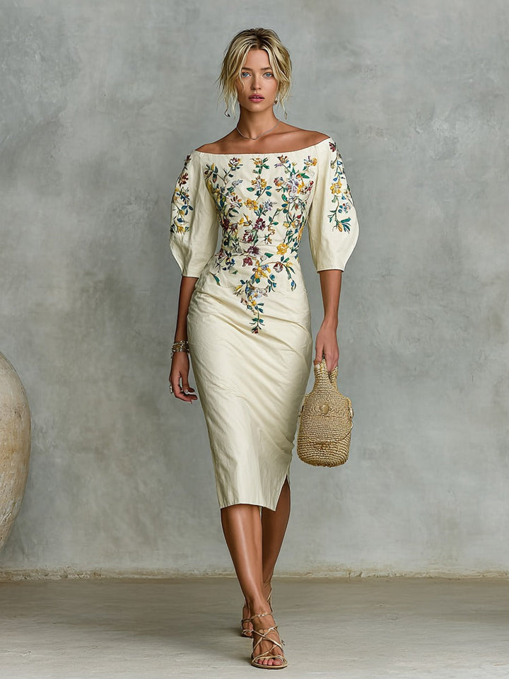 Jayna | Mid-length Dress with Floral Embroidery