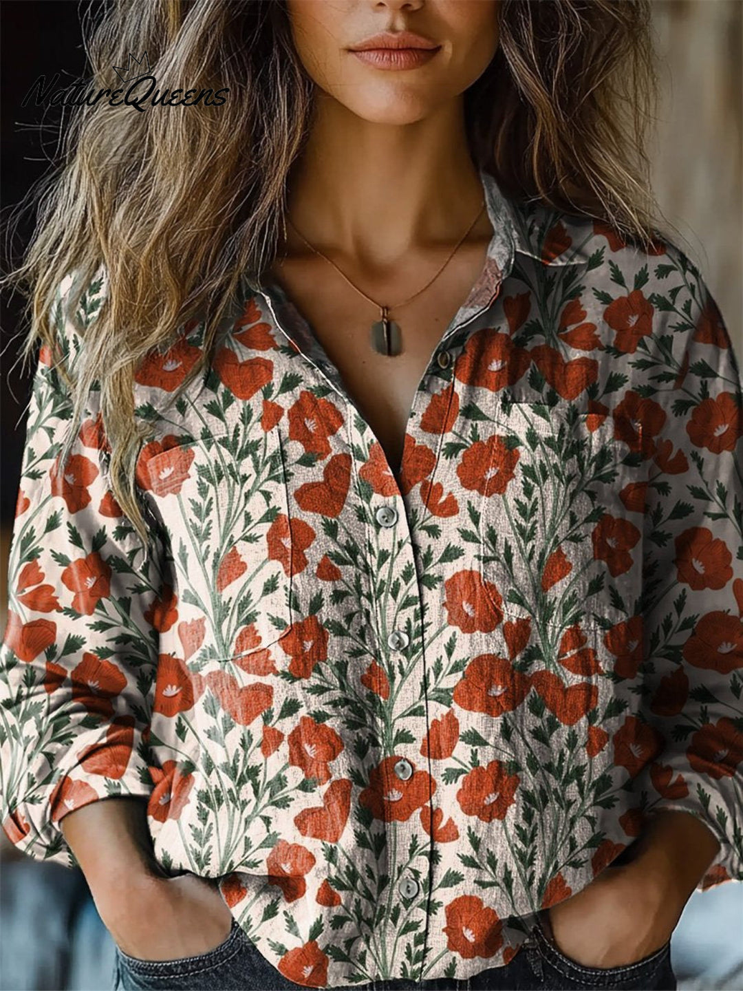 Summer Poppy Floral Pattern Printed Women's Casual Long Sleeve Comfortable Cotton Shirt