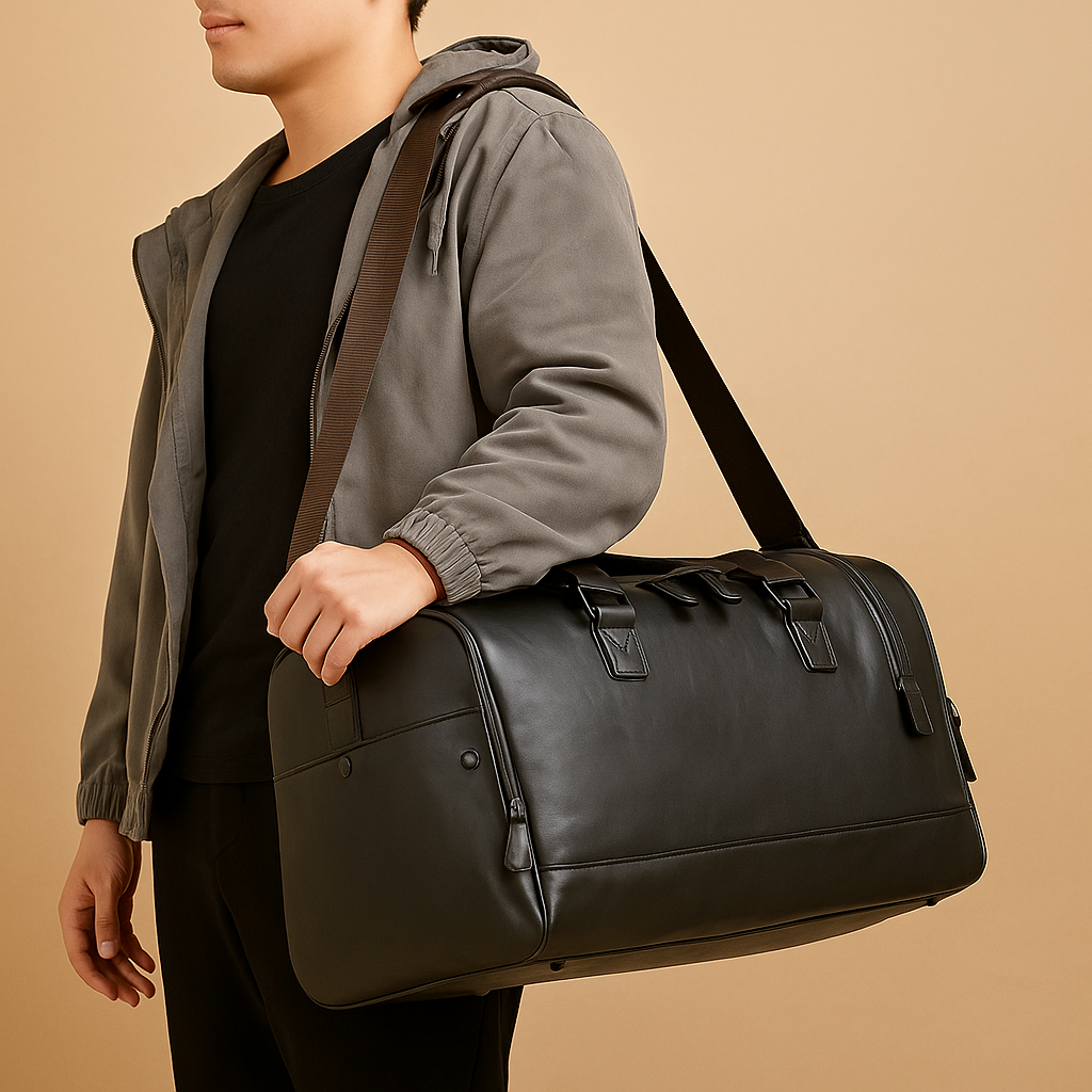 Leather travel duffle bag with compartments for men | Ethan