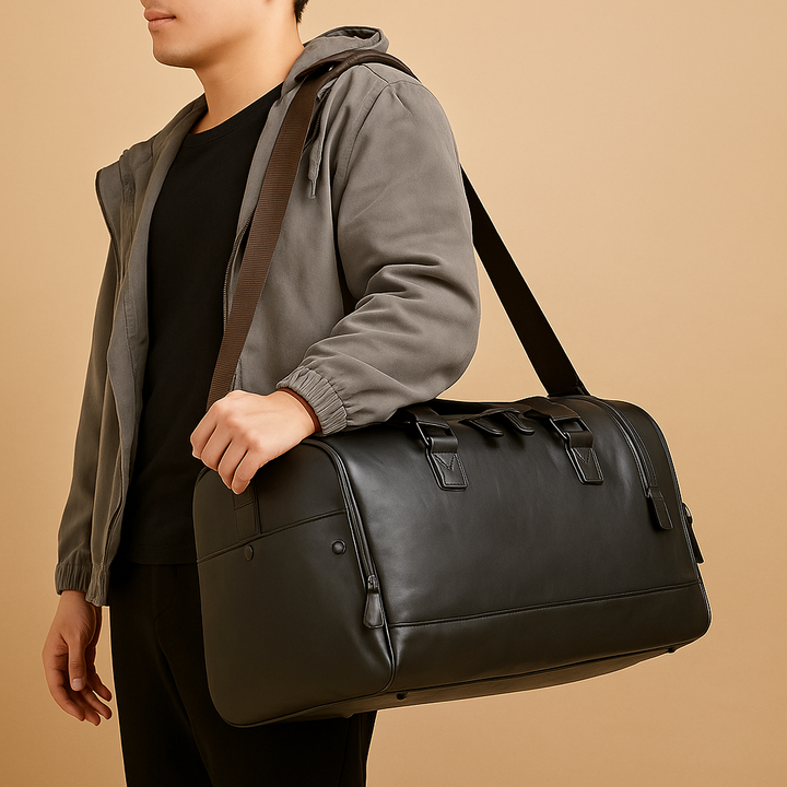 Leather travel duffle bag with compartments for men | Ethan